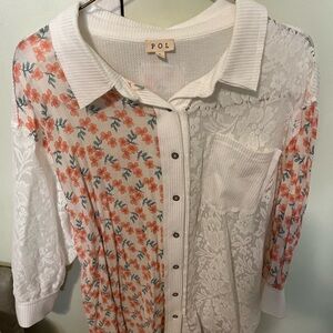 POL White and Orange Floral Button-Up Shirt